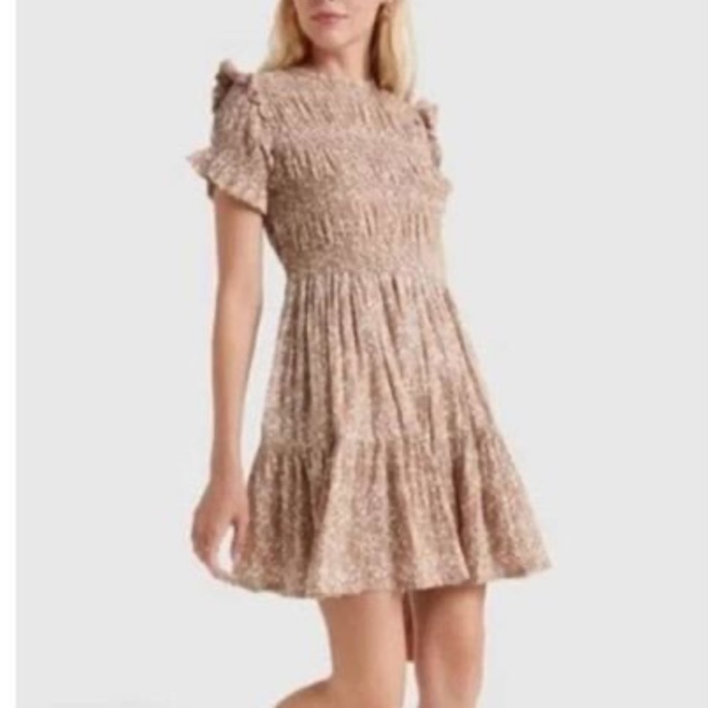 Mirth Womens Crete Desert Coral printed SS Smocked Dress L NWT